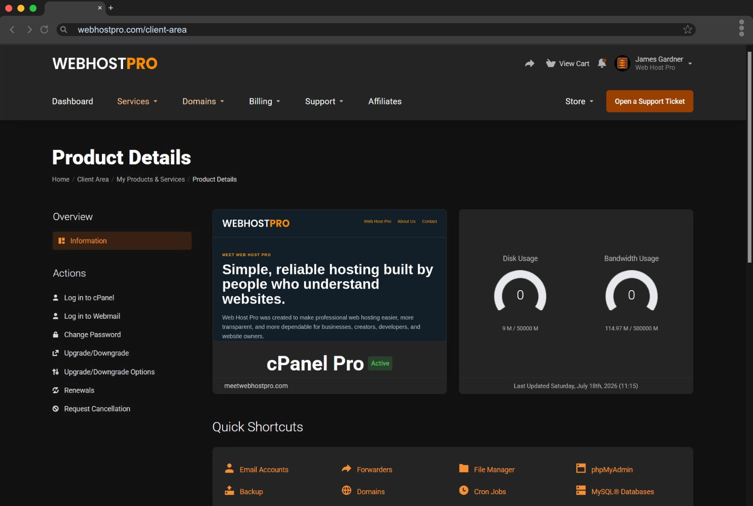 Client Area hosting interface