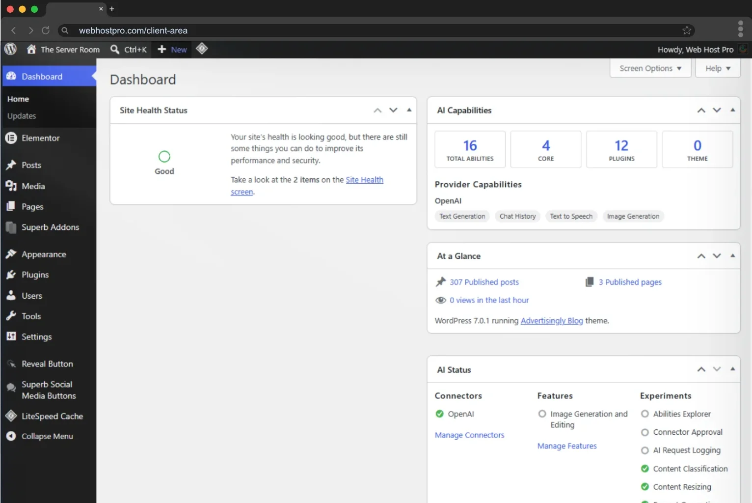 Managed WordPress hosting dashboard on laptop